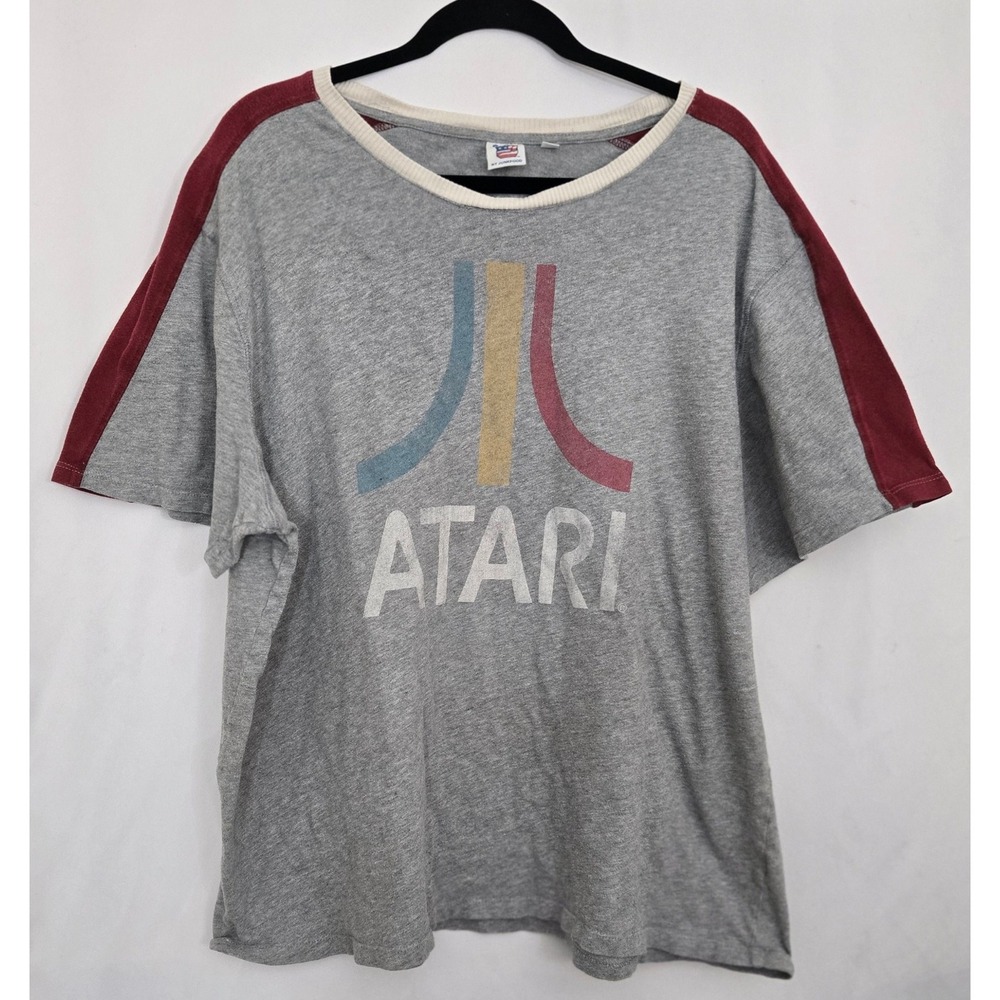 JUNKFOOD Atari Logo T-Shirt XXL Raglan Ringer Retro Video Game Gray Maroon